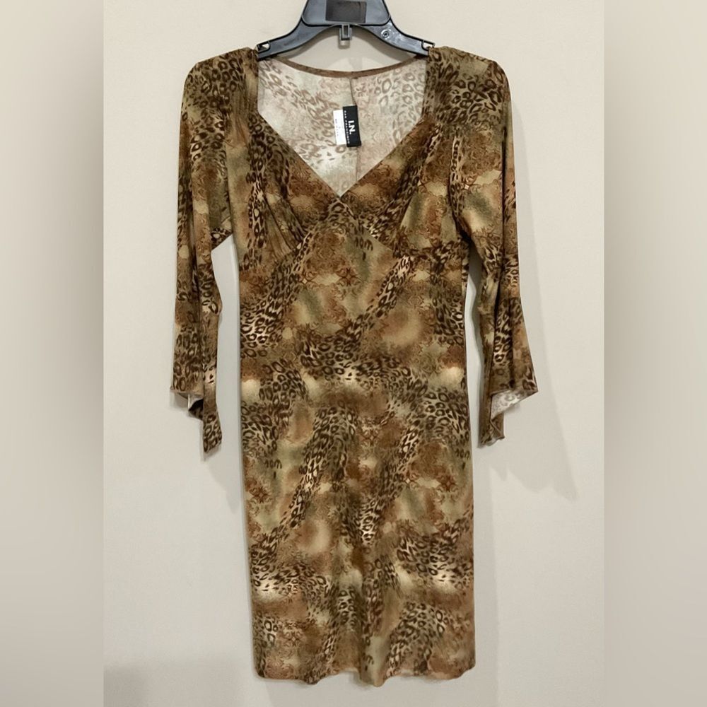 Vintage Leopard Print Bodycon Mini Dress Sz S Sweetheart Neckline 3/4 Sleeve USA